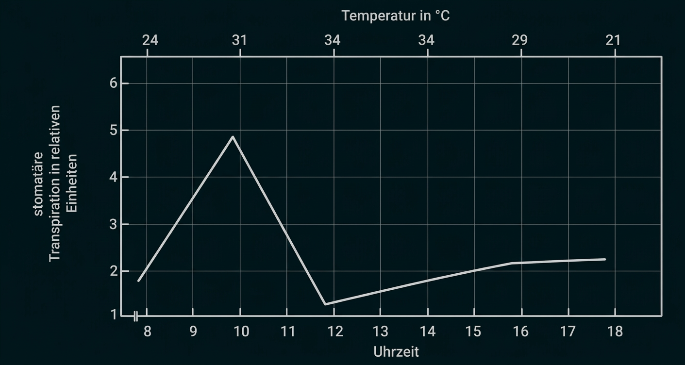 Diagramm der stündlichen Transpirationsrate und Temperatur im Tagesverlauf.